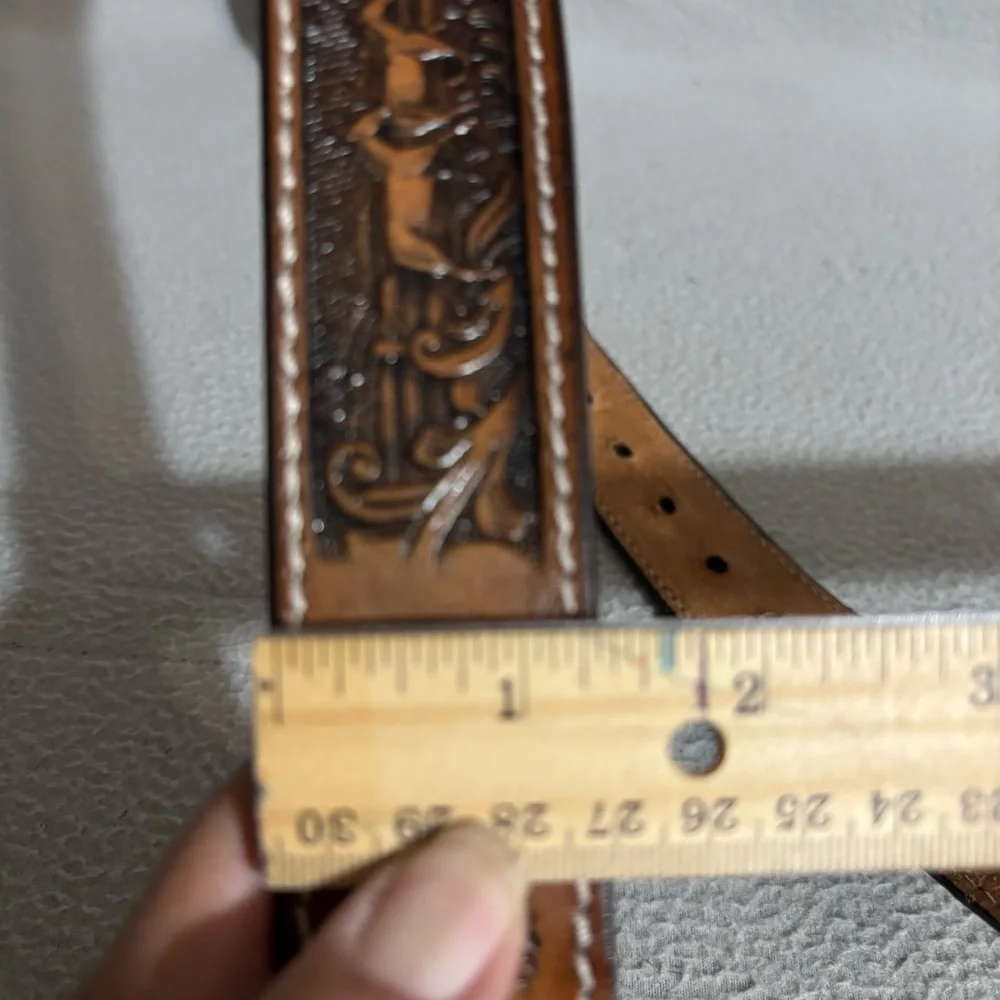 Men’s Tooled Horses Decorated Western Leather Belt with Silver Buckle size 38